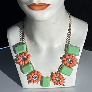 Coral & Green Colored Statement Necklace with Rhinestones